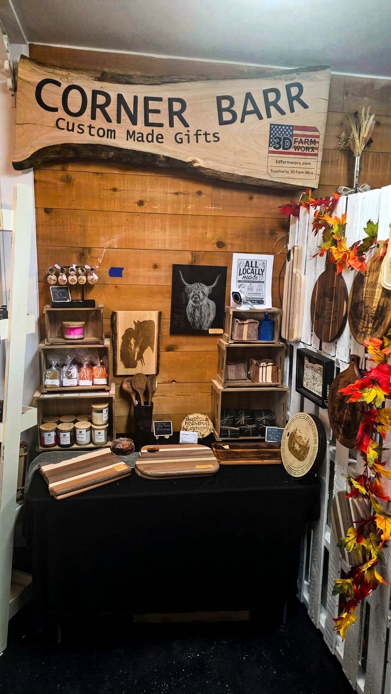 The Corner Barr booth, handmade cutting boards, candles, and gifts on display